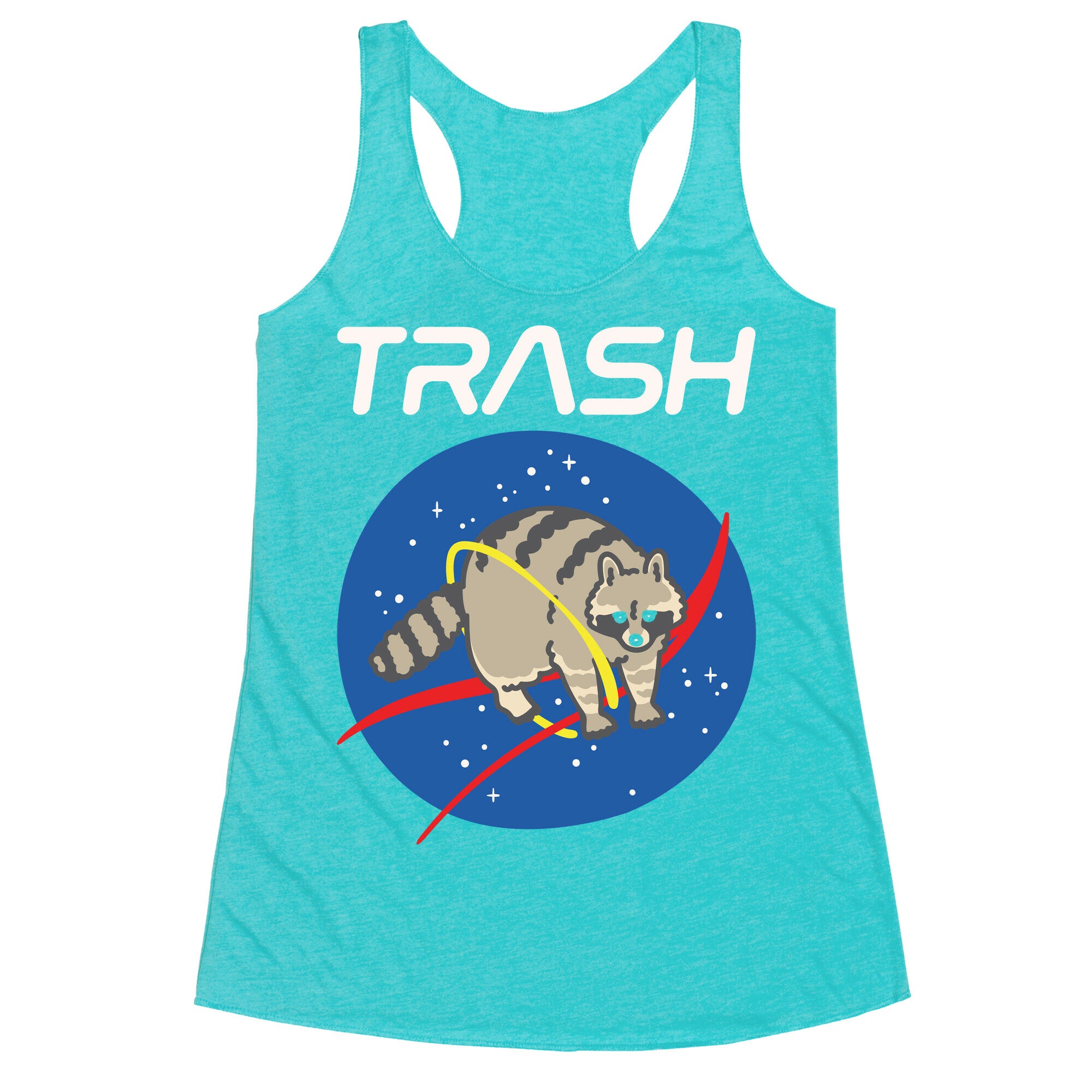 Trash Raccoon Nasa Logo Parody White Print Racerback Tank